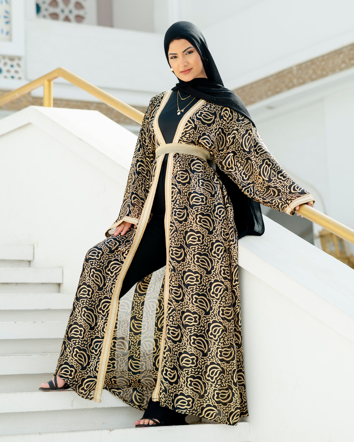 Elegant White Abaya with Blue Embroidered Sleeves