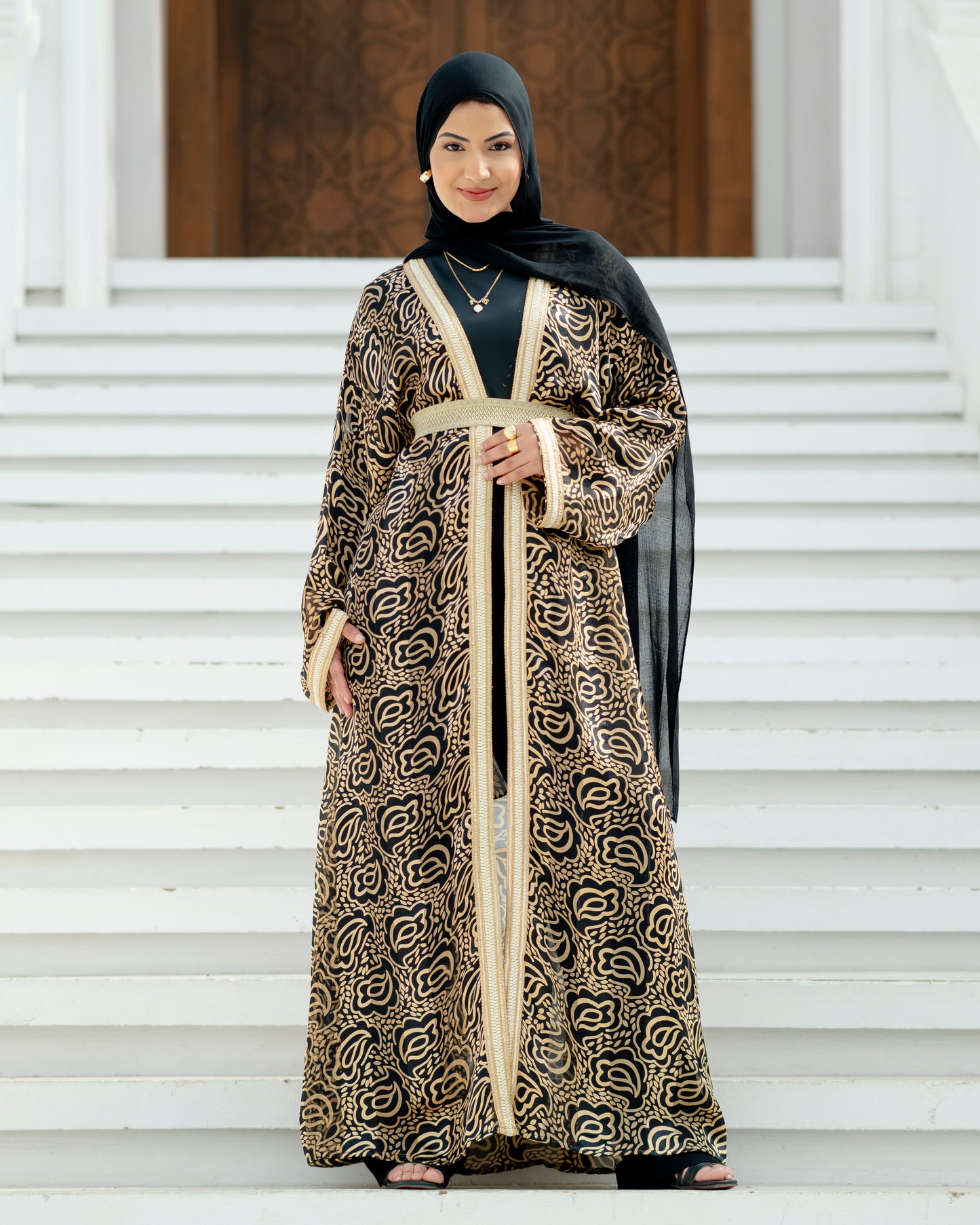 Elegant Brown Abaya with Blue Embroidered Sleeves