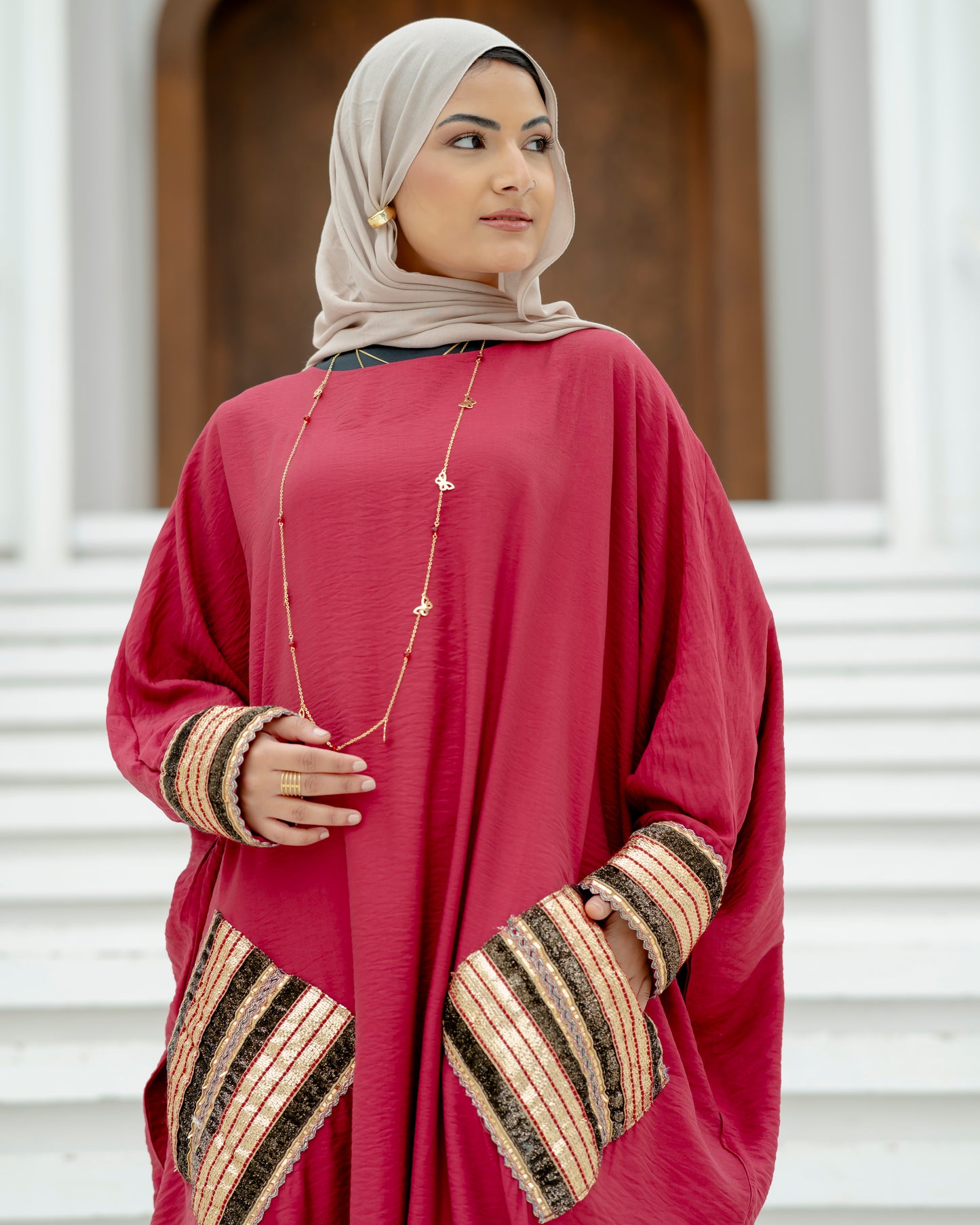 Elegant Brown Abaya with Blue Embroidered Sleeves