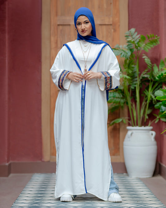 Elegant White Abaya with Blue Embroidered Sleeves