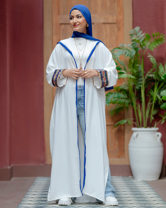 Elegant White Abaya with Blue Embroidered Sleeves