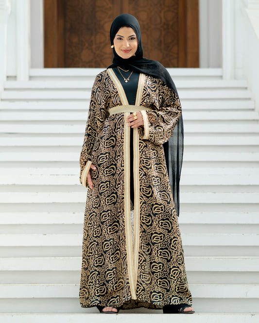 Elegant Brown Abaya with Blue Embroidered Sleeves