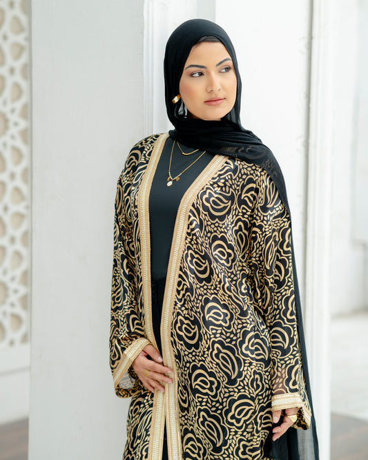 Elegant Brown Abaya with Blue Embroidered Sleeves
