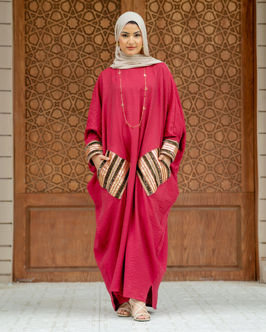 Elegant Red Abaya with Blue Embroidered Sleeves