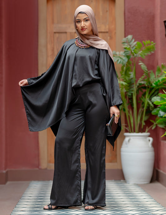 Elegant Black Satin Wide-Leg Pants Suit
