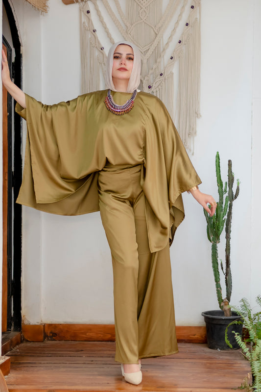 Elegant Black Satin Wide-Leg Pants Suit