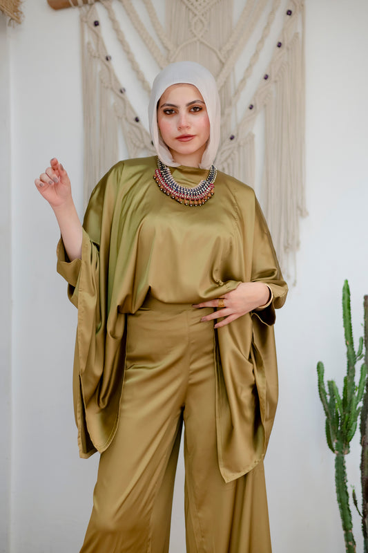 Elegant Olive Satin Wide-Leg Pants Suit